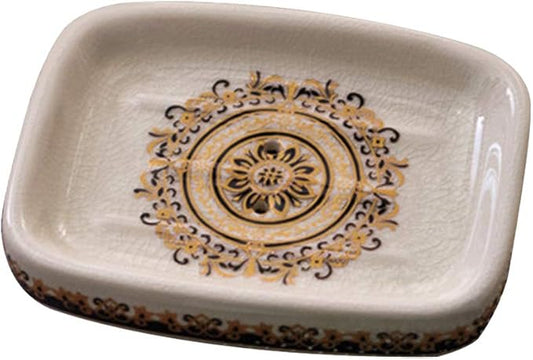 Ceramic Soap Dish Creative Ice Crack Ceramic French Sunflower Pattern Soap Dish Holder for Bathroom and Shower Soap Tray Box with Drain Gift for Mum Family