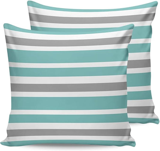 Outdoor Waterproof Throw Pillow Covers Set of 2 Grey Teal Stripes Decorative Outdoor Pillows Cushion Case 24x24 Inch Classic Striped Patio Pillows for Couch Sofa Bed Garden Office Home Decor