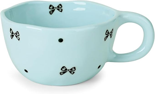 Koythin Ceramic Coffee Mug, Handmade Hot Chocolate Mugs, Cute Cup for Girl Women, Aesthetic Tea Milk Cup with Handle, 8.5 oz/250 ml for Latte, Cocoa, Office, Home (Blue Small Bow)