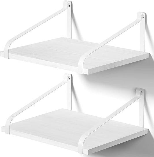 Love-KANKEI Floating Shelves Wall Mount Rustic Solid Wood Wall Shelves with Large Storage L16.5 x W12 inch for Kitchen Living Room Bathroom Bedroom Set of 2 White and White Brackets