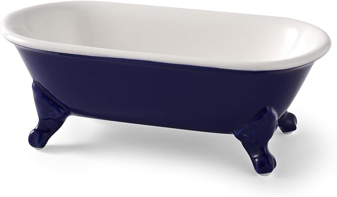 6.5" Ceramic Mini Decorative Clawfoot Bathtub Bar Soap Dish, Kitchen Sponge Holder and Shower Tray for Bathroom, 1 Pack(Navy Blue)