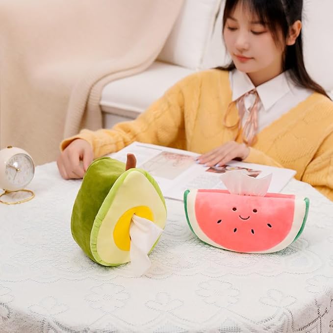 Fruit Tissue Box Cover, Plush Fabric, Home and Car Decorative Accessory (Avocado Shape)