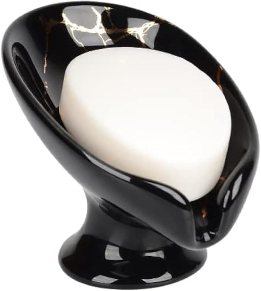 Soap Dish, Ceramic Soap Holder Self Draining Leaf Shape Bar Soap Holder, Marble Look Black Drain Soap Dish Holder for Bathroom, Easy to Clean Keeps Soap Dry, ANTIS'S HOME