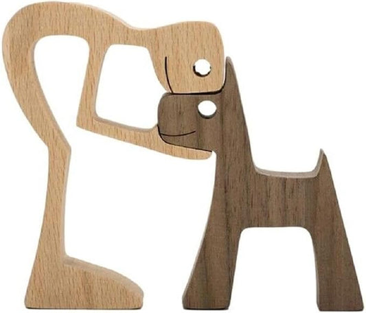 Unique Gift Hand Carved Wood Human & Dog Statue Figurine Sculpture Home Office Decor, Wooden Man & Dog Carving Model to Remember Friendship Between People & Pets (C)