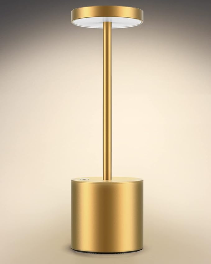 Cordless Table Lamp, Rechargeable LED Battery 5000mAh Metal USB Portable Powered Desk Lamp, 3 Levels Brightness Light for Restaurants Outdoor (10.25in Gold)