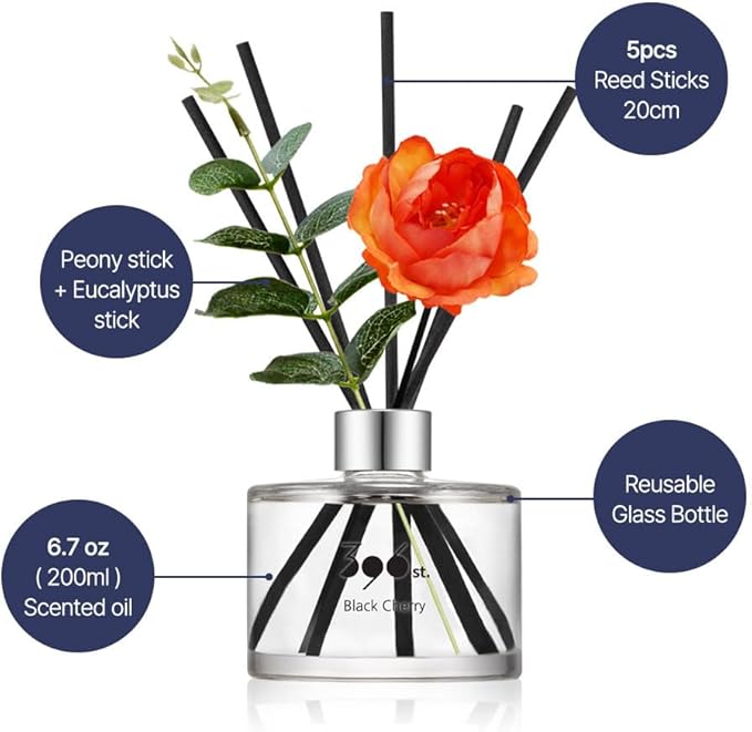 396 st. Peony Flower Reed Diffuser, Black Cherry, 200ml(6.7oz) / Reed Diffuser Sets, Scentsy Home Fragrance, Scented Oils, Home & Bathroom Décor