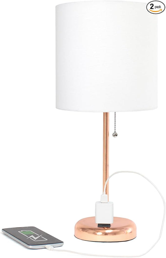 Simple Designs LT2024-RGD-2PK Two Pack Rose Gold Stick Table Desk Lamp Set with Charging Outlet and Drum Fabric Shade for Living Room, Hallway, Nightstand, Office, White Shade