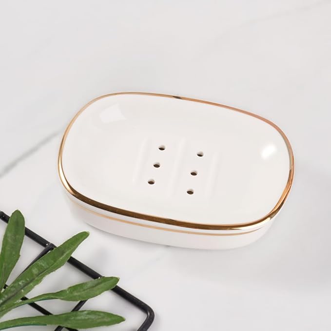 Self Draining Soap Dish, Double-Layer Bar Soap Tray, White Ceramic Soap Dish with Elegant Patterns (White with Gold Line)