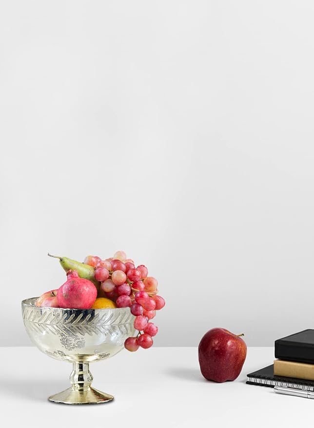 Serene Spaces Living Silver Etched Leaf Mercury Glass Bowl, Vintage Compote Bowl (Pack of 4)