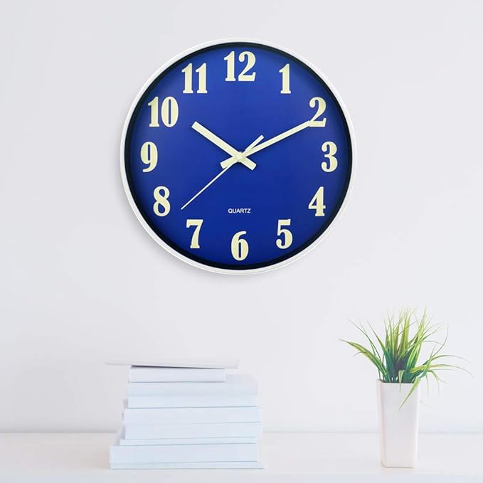 JoFomp Glow in The Dark Clock, 12 Inch Modern Silent Non Ticking Wall Clocks Battery Operated, Night Light Wall Clock for Living Room Decor, Wall Clock Decorative for Kitchen Bedroom (Blue)