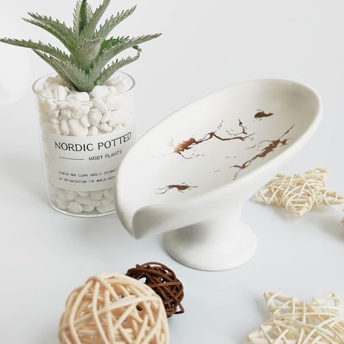 Leaf-Shape Ceramic Soap Dish, Gold Marble Pattern, Easy to Clean, Self Draining Soap Holder, Keeps Soap Dry (White)