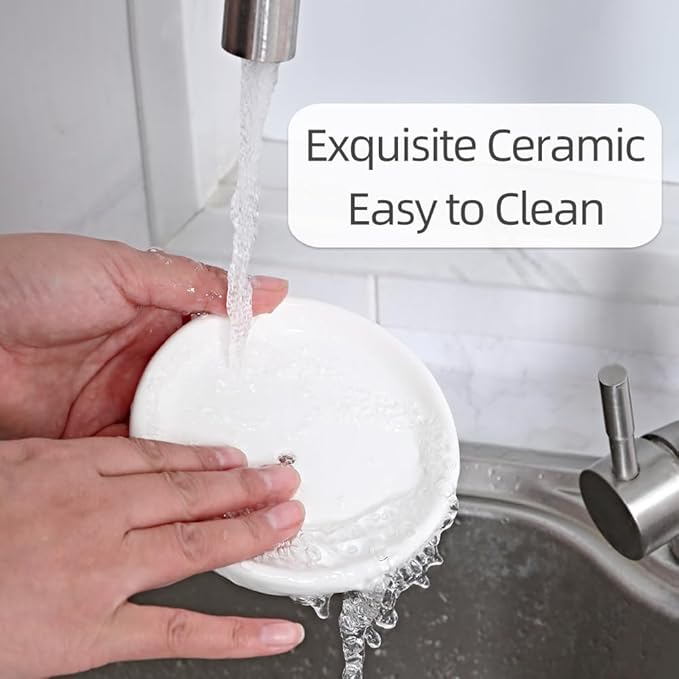 Round Self Draining Soap Dish, Small Ceramic Tray, Cute Jewelry Dish, Keep Soap Dry & Bathroom Décor (White)