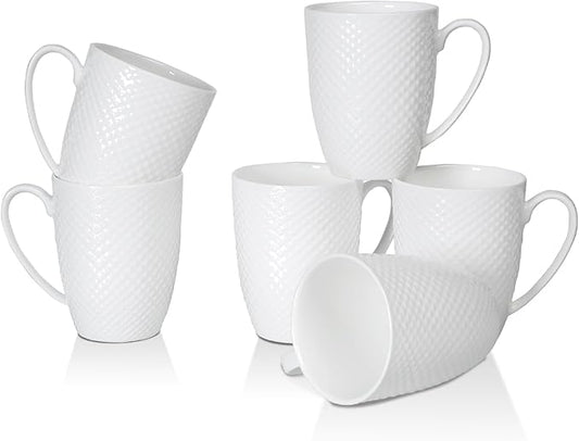 12 Oz Coffee Mugs Set of 6, Fine Bone China Mugs, White Ceramic Coffee Cups Set, Rhombus Relief Texture Coffee Mugs for Latte, Tea, Hot Cocoa, Women, Men