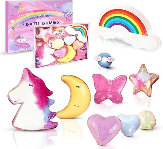 EBS Rainbow Bath Bombs Gift Set, 9 Pcs Handmade Bubble Bath Fizzies, Unicorn Bath Bomb Set for Girls, Natural Organic Bath Bombs Safe for Kids & Toddlers, Gift for Valentine's Day