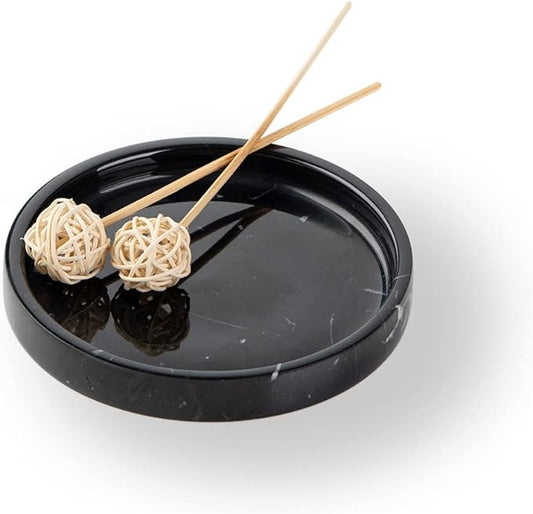 100% Carved Marble Round Vanity Tray 5.5'', for Kitchen Bathroom Countertop, Nightstand Decor, Candle Holder, Jewelry Rind Dish, Trinket Plate, Table Accents, Black