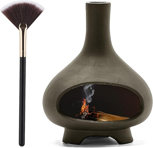Palo Santo Holder Handmade Ceramics Incense Burner Chimney Dish Smudge Bowl for Palo Santo Sticks Sage Bundles with Brush(Brown) (Furnace Gray)