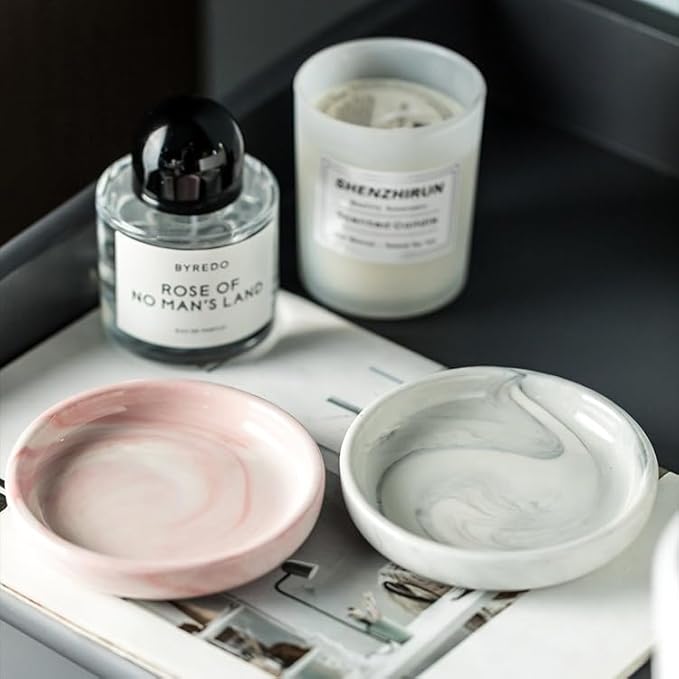 Round Marble Soap Tray, Small Ceramic Soap Dish, Cute Women Trinket Plate (Grey)