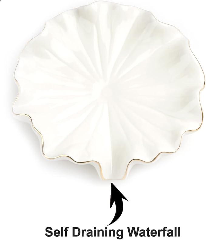 Ceramic Self Draining Soap Dish White Lotus Leaf Soap Holder Waterfall Soap Dish Soap Savers for Bar Soap, for Bathroom, for Shower, for Bar Counter