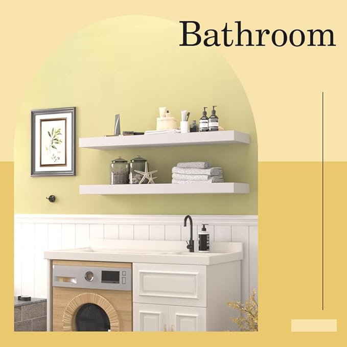 Habudda Floating Shelves for Wall, Natural Wood Shelf, 30 inch Long, White Wooden Rustic Decor for Bathroom Kitchen Bedroom, Hanging Mounted Invisible Bracket, Set of 2