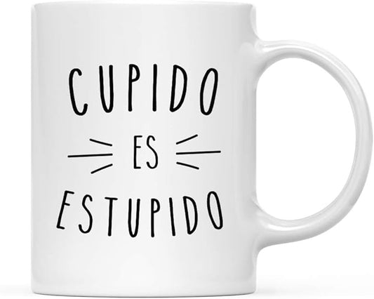 Andaz Press Valentine’s Day Funny 11oz. His Her Couples Coffee Mug Gift, Cupido Es Estupido, 1-Pack, Gift Box