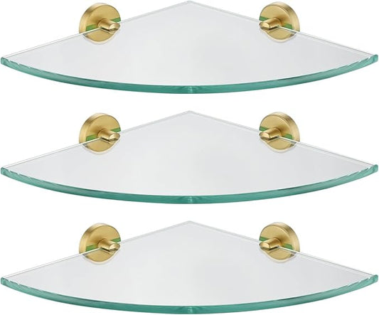 JQK Corner Glass Shelf, Brushed Gold Bathroom 304 Stainless Steel Shower Triangle Floating Wall Shelf, 10 x 10 Tempered Glass, 3 Pack, TGS190L10-BG-P3