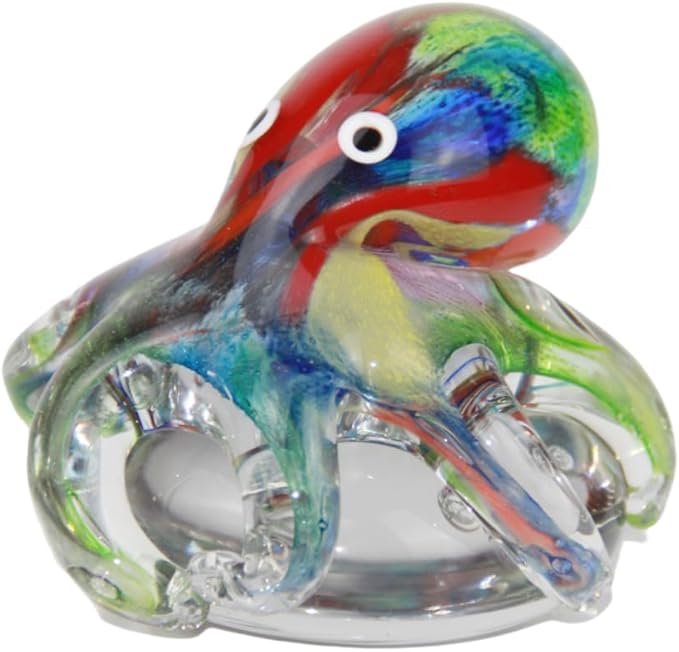 Hand Blown Glass Octopus Figurine with Iridescent Tentacles & Polished Crystal Base, Sea Life Figurines for Decorating Fish Tank Aquariums, Glass Paperweight (Multicolor)