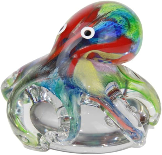 Hand Blown Glass Octopus Figurine with Iridescent Tentacles & Polished Crystal Base, Sea Life Figurines for Decorating Fish Tank Aquariums, Glass Paperweight (Multicolor)