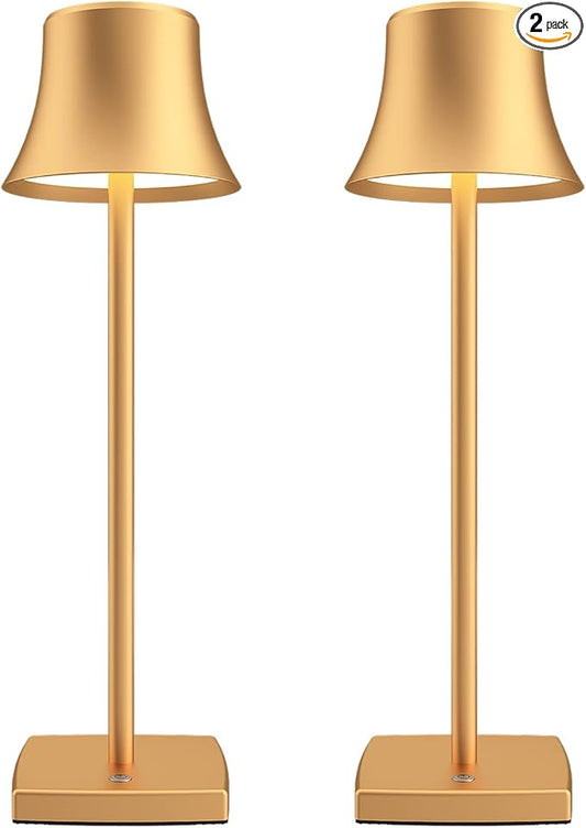 2 Pack LED Cordless Table Lamps Rechargeable,5000mAh Battery Operated Table Light,3 Color Stepless Dimming,Portable Small Desk Lamp in Aluminum for Party Patio Restaurant Indoor/Outdoor(Gold)