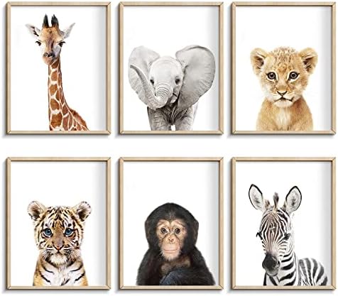 Set of 6 Baby Safari Nursery Wall Decor - Picture Cute Animal Wall Prints on Canvas, under 20 dollars gifts for Baby Boys and Girls Room, UNFRAMED Wall Art(12 x 16 inch)