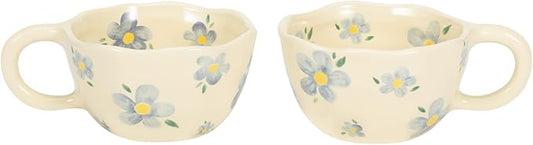 Koythin 2-Pieces Ceramic Coffee Mugs, Creative Cute Flower Cup for Office and Home, 8.5 oz/250 ml Aesthetic Mug for Latte Tea Milk (2 Blue Flower)