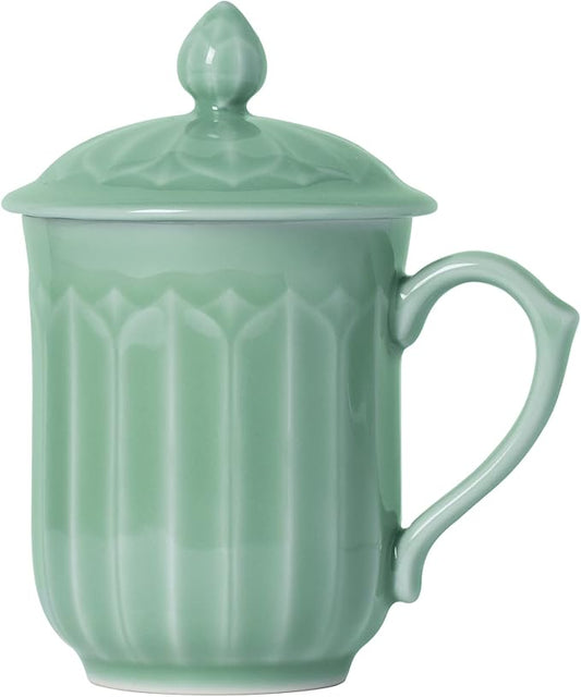 Porcelain Lotus Tea Cup with Lid and Handle, 12 oz Unique Coffee Mug, Microwave Dishwasher Safe, Gifts for Women and Men, Aesthetic Chinese Celadon 1 Pack (Olive Green)