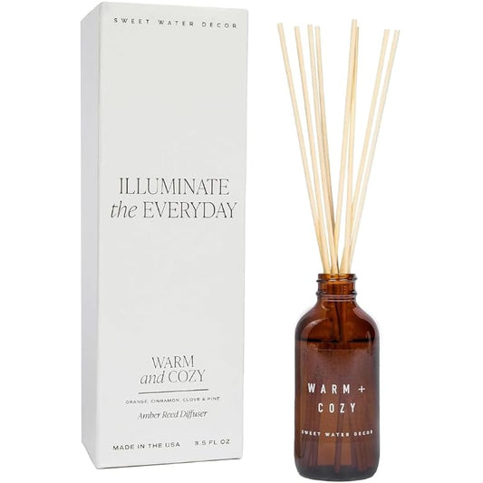 Sweet Water Decor Warm and Cozy Reed Diffuser Set - Fall and Winter Reed Diffuser Set for Home - Orange, Cinnamon, Ginger, Clove Scented Room Fragrance - Lasts 4+ Months, Made in the USA
