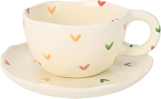 Koythin Ceramic Coffee Mug with Saucers, Handmade Flowers Mugs, Cute Cup for Girl Women, Aesthetic Tea Milk Cup with Handle, 8.5 oz/250 ml for Latte, Cocoa, Office, Home (Colorful Little Hearts)