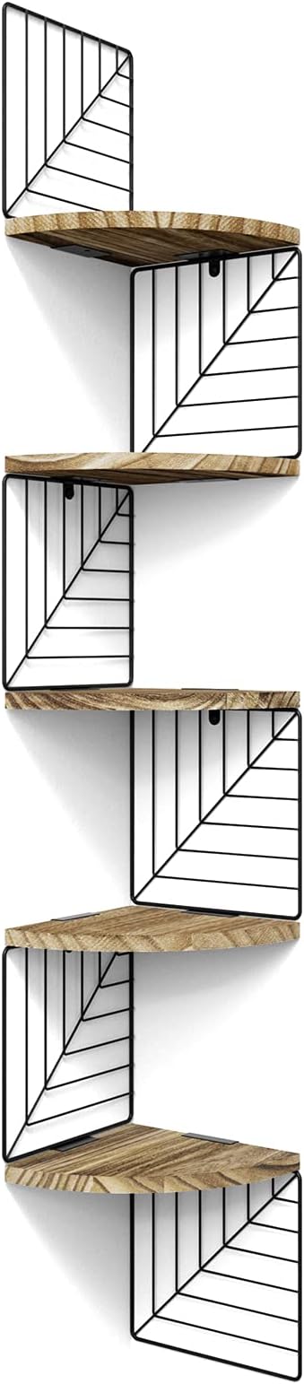 Love-KANKEI Corner Shelf Wall Mount of 5 Tier Rustic Wood Floating Shelves Wall Shelves for Bedroom Living Room Bathroom Kitchen Office and More Carbonized Black