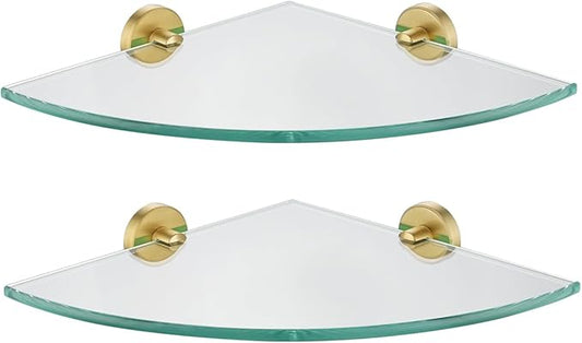 JQK Corner Glass Shelf, Brushed Gold Bathroom 304 Stainless Steel Shower Triangle Floating Wall Shelf, 10 x 10 Tempered Glass, 2 Pack TGS190L10-BG-P2