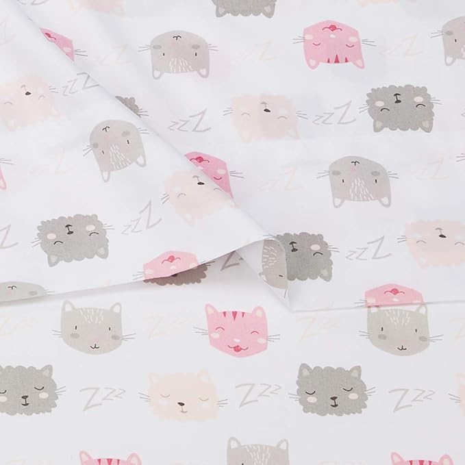 Amazon Basics Kid's Soft Easy-Wash Lightweight Microfiber 3-Piece Sheet Set, Toddler, Pink Kitties