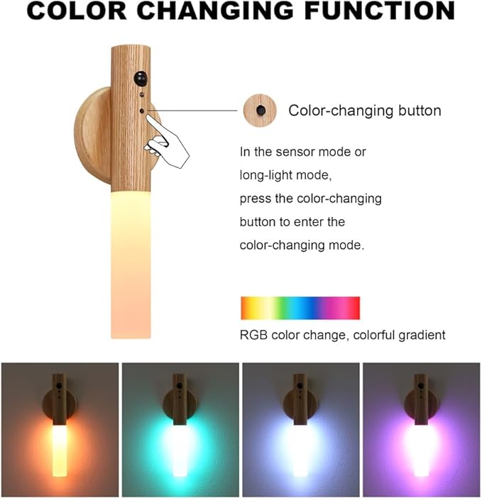 LANDGOO RGB Motion Sensor Night Light, Magnet Body Hallway Atmosphere Lamp, Battery Powered Rechargeable LED Portable Wooden Wall Sconce (RGB Ash Wood 1PC)
