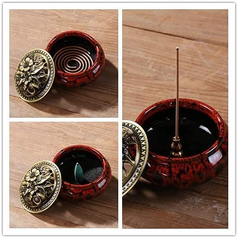 Ceramic Incense Burner with Incense Stick Holder + Insulation use for Stick or Coil Incense, Sage Cones and Frankincense (Fambe Red)