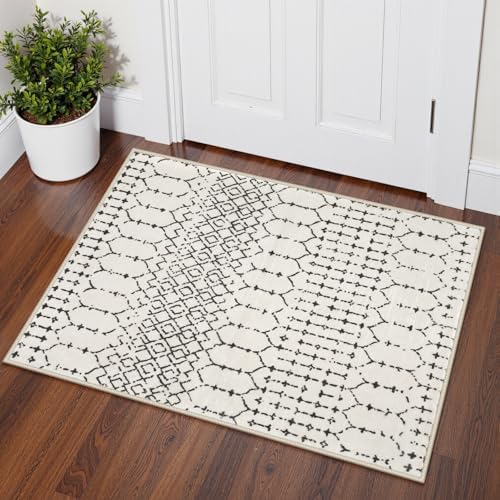 Lahome Moroccan Washable Living Room Area Rug - 3x5 Small Rugs for Bedroom Throw Non-Slip Low-Pile Entryway Rug Kitchen Rugs Soft Grey Distressed Capet for Office Bathroom Laundry Room Dining Room