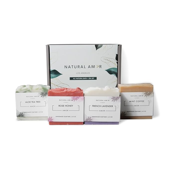 Natural Amor Organic Handmade Soap Bar Set (4 Pack), Made with Natural Ingredients, Cold Process Soap, Soap Gift Set for Women