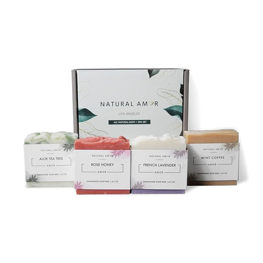 Natural Amor Organic Handmade Soap Bar Set (4 Pack), Made with Natural Ingredients, Cold Process Soap, Soap Gift Set for Women
