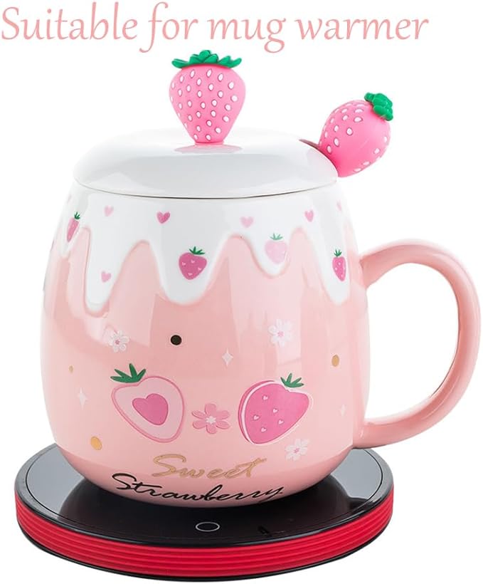 Pink Mug,Kawaii Strawberry Cup,Cute Ceramic Coffee mug with Lid and Lovely Spoon,Sweet Coaster,Novelty Morning Cup, Christmas Birthday Gift Cute Thing Korean Mug for girls women (Big Strawberry)