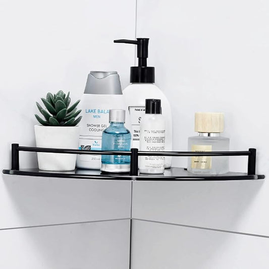 Glass Bathroom Shelf with Rustproof Rail, Black Glass Corner Shower Shelf, Wall Mount Drill Hole Shower Caddy Organizer, Bathroom Shower Organizer for Living Room and Toilet (1 Tier)