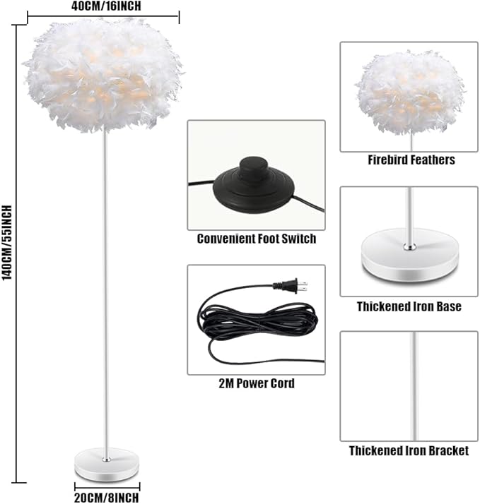 Feather Floor Lamp,Floor Lamps for Living Room,Home Office Bedroom Decor,Floorlamp with White Lampshade,Modern Tall Standing Lamp for Dinningroom,Behind Couch,Girls'room,Corner