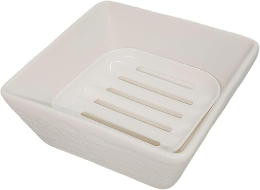 Ceramic Soap Dish, Vonpri Soap Holder Tray, Non-Slip Square Soapbox Container for Handmade Bar Bathroom Sink, Countertop, Shower Stone Texture (White)