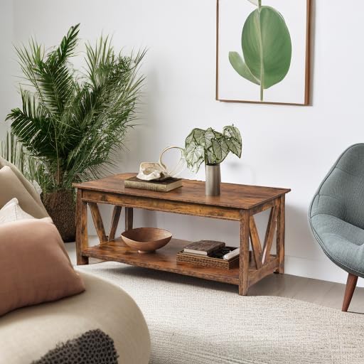 WLIVE Coffee Table, 43" Farmhouse Coffee Table with Storage Shelf & Sturdy V-Shaped Support, Wood Center Table for Living Room, Bedroom, Office and Balcony, Rustic Brown