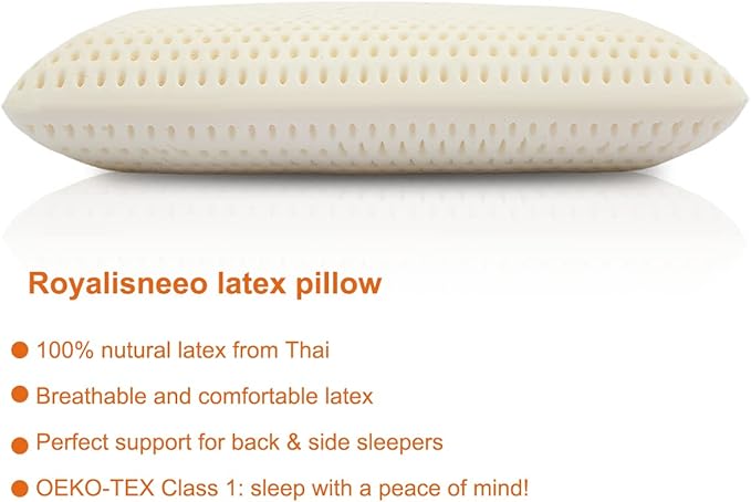 Royalisneeo 100% Talalay Natural Latex Pillow, Medium Support Bed Pillow Helps Relieve Pressure,Perfect Package Best Gift with Removable Cotton Cover for Back, Stomach and Side Sleepers