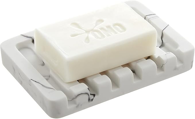 Self Draining Soap Dish - Marble Look Soap Holder Tray Savers Box Container Sponge Holder for Bathroom Shower Kitchen, White