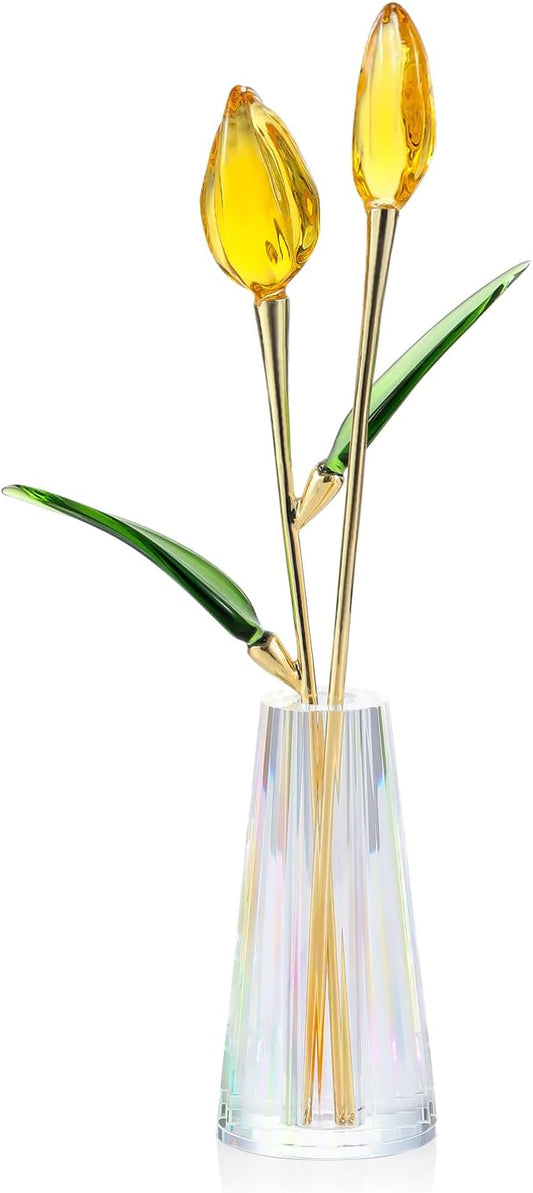 Crystal Tulip Figurine - Yellow Glass Flowers with Vase, Glass Flower Bouquet Collectible Office Home Decor Paperweight - Tulip Gifts for Women Mom Bestfriend Wedding Anniversary