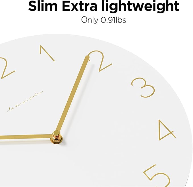 mooas Flatwood Wall Clock Pendulum White,12" Wood Wall Clock Non-Ticking Sweep Movement Decorative Clock Battery Operated Clock for Home Living Room Kitchen Bedroom Office School